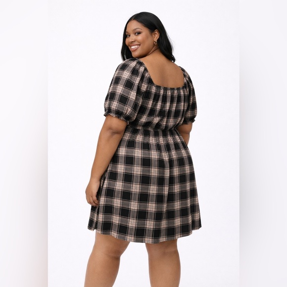 Torrid Black & Brown Plaid Puff Sleeve Mini Challis Dress, Large, NWT! - Picture 3 of 16